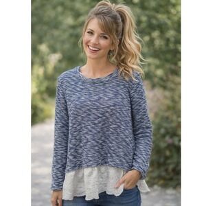 RXB Blouse Women's XL Blue White Knit Layered Look Long Sleeve Eyelet Detail EUC